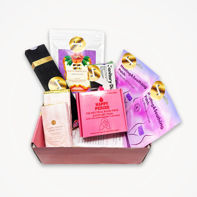 URBAN INDIA HEALTH CARE AND WELLNESS Urban India Women’s Period Care Gift Box with Pads, Heat Patches, Herbal Tea & Dark Chocolate for Cycle Comfort(6 Items in the set)