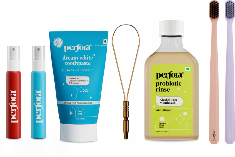 Perfora Whitening Freshness Pack - Toothpaste, Mouthwash, Mouth Sprays, Tongue Cleaner, 2 Toothbrushes(7 Items in the set)