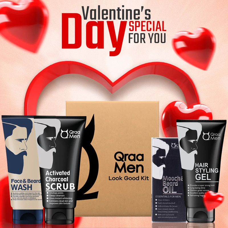 Qraa Look Good Valentine Edition Kit - Face Wash, Styling Gel, Scrub & Beard Oil, Premium gift box for Men(4 Items in the set)