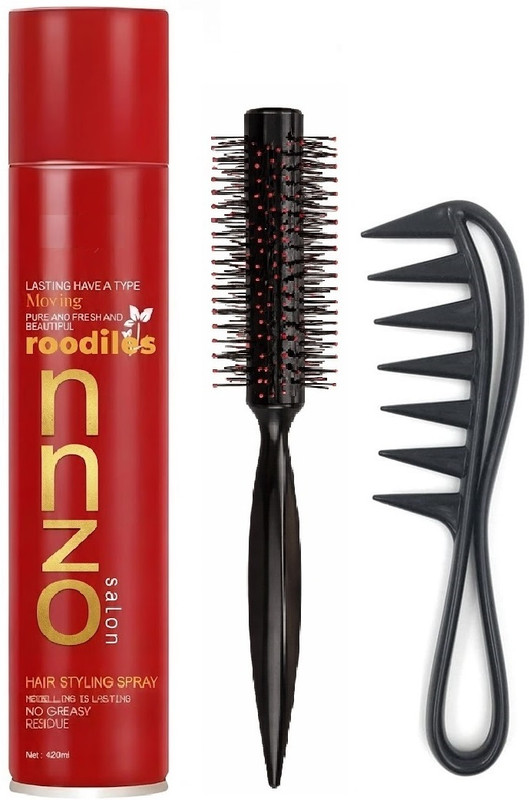ROODILES Hair Spray 420ml with Round Brush & Styling Comb | Strong Hold All Day Set | Non- Sticky(3 Items in the set)