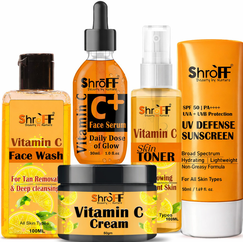 Shroff Vitamin C Complete Skincare Combo – Face Wash, Toner, Serum, Cream & Sunscreen SPF 50 for Brightening(5 Items in the set)