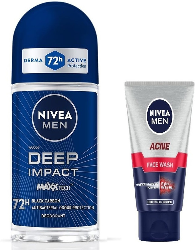 Nivea Men ACNE FACEWASH FIGHT DIRT-50g+DEEP IMPACT ROLLON -50ml INTENSE MASCULINE FRAGRANCE ANTI-PERSPIRANT(2 Items in the set)