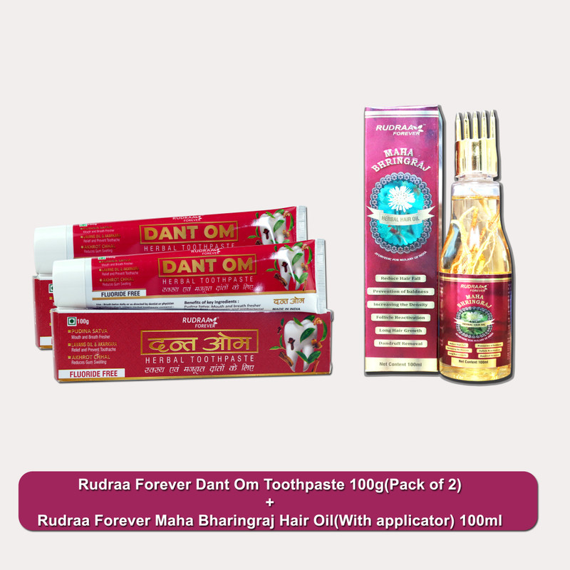 RUDRAA FOREVER Dant Om Herbal Toothpaste 100gm(pack of 2) & Maha Bharingraj Hair oil 100ml(3 Items in the set)