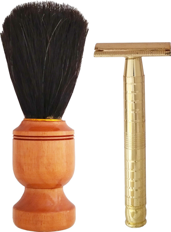 MGP FASHION Smooth Safety Razor Beard Shaver Cut-Free Wooden Handle Natural Soft Bristle Shaving Brush Alum (Fitkari) With Pouch(6 Items in the set)