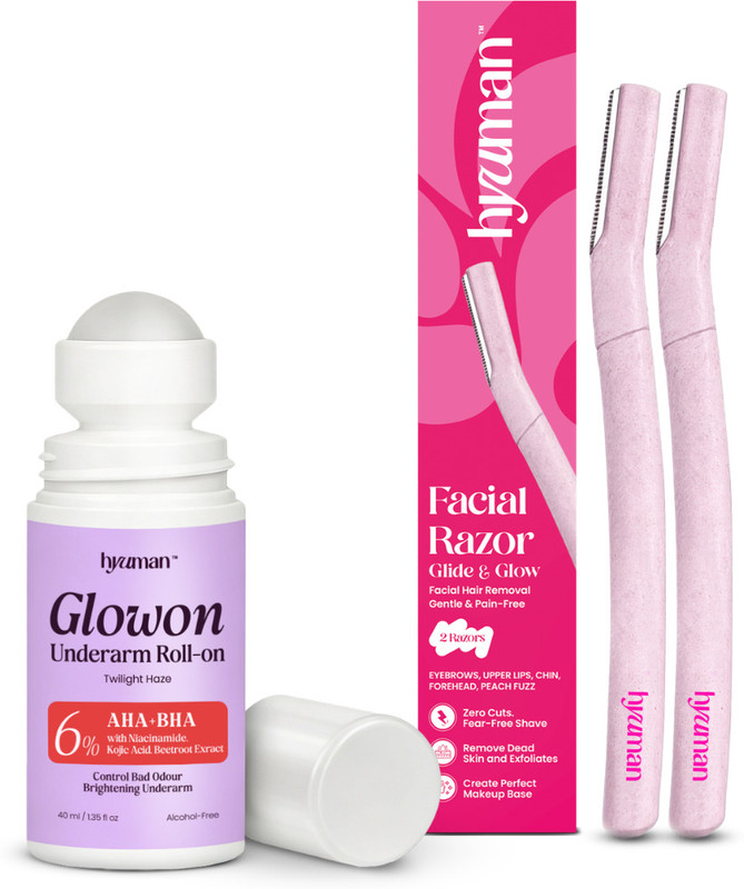 Hyuman GlowOn 6% AHA BHA Underarm Roll On Deodorant 40ml + 2 Face Razor Combo(2 Items in the set)