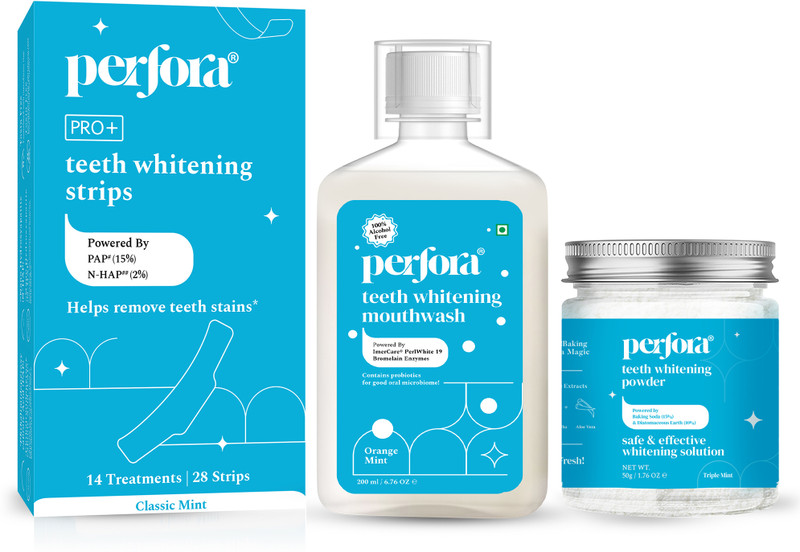 Perfora Teeth Whitening Strips | Whitening Powder 50g & Mouthwash 200ml | Bright Smile Combo(3 Items in the set)