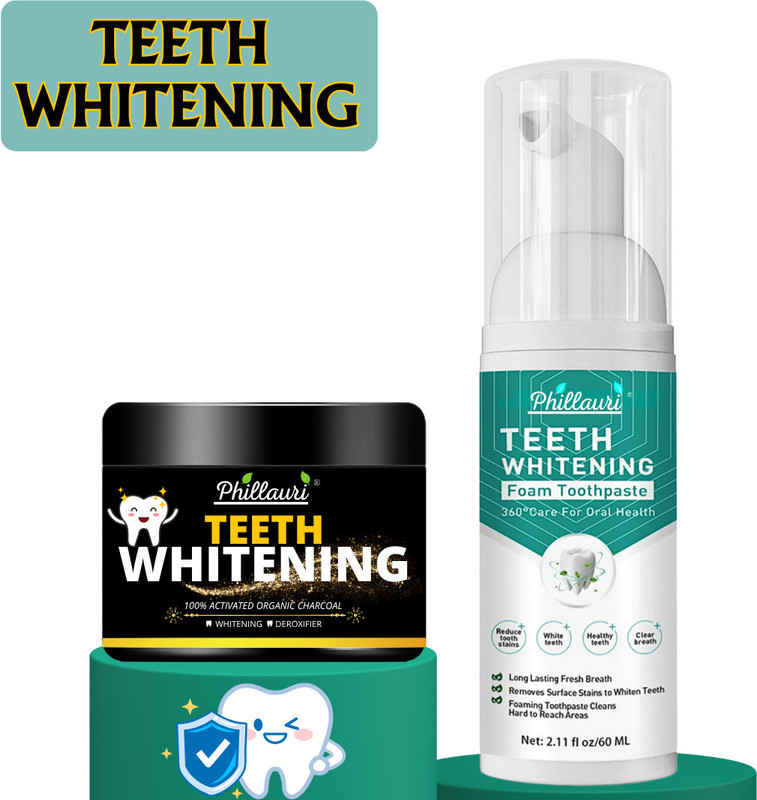 Phillauri Charcoal Teeth Whitening Powder & Teeth Foam Deeply Clean Teeth, Yellow Stain Removal(2 Items in the set)