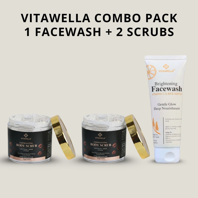 VITAWELLA Combo Pack of Vitamin C & Rice Water Facewash + 2 Coffee & Body Scrub(3 Items in the set)