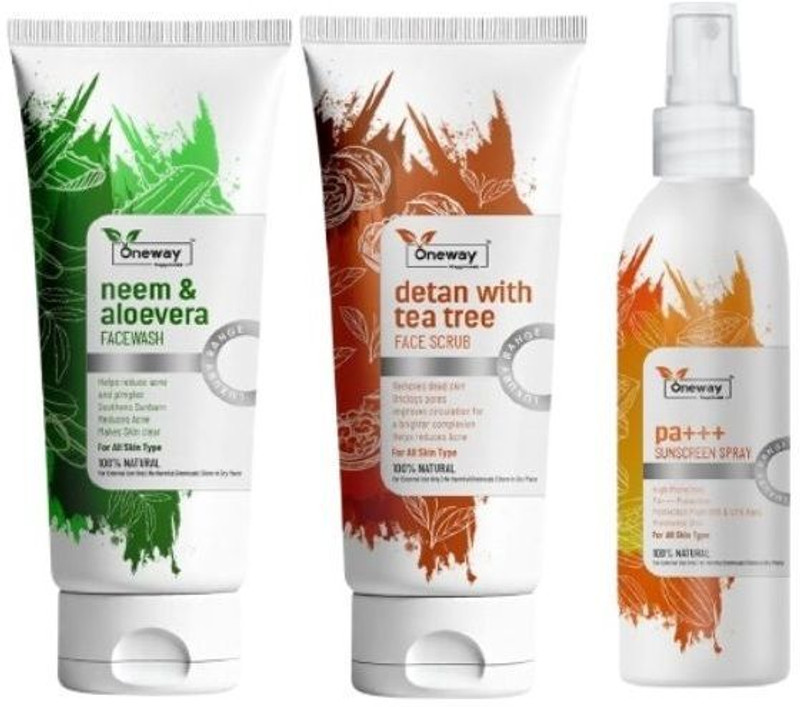 Oneway Happiness Neem & Aloe-Vera Face Wash, Detan Face Scrub & SPF 30 Sunscreen Spray Combo for Reduces Acne Pimple & Tan(3 Items in the set)