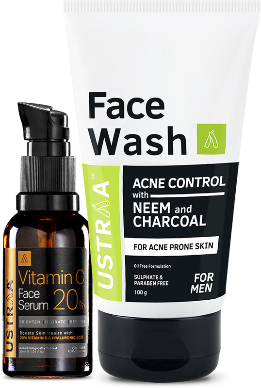 USTRAA Vitamin C Face Serum 30 ml & Face Wash Acne Control - With Neem&Charcoal 100g(2 Items in the set)