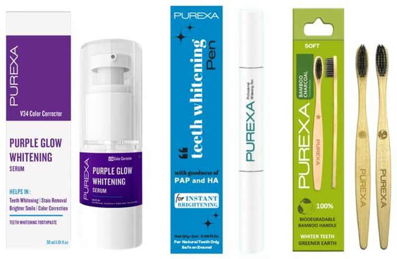 PUREXA Purple Glow Toothpaste, Whitening Pen & Two Bamboo Charcoal Toothbrush(4 Items in the set)
