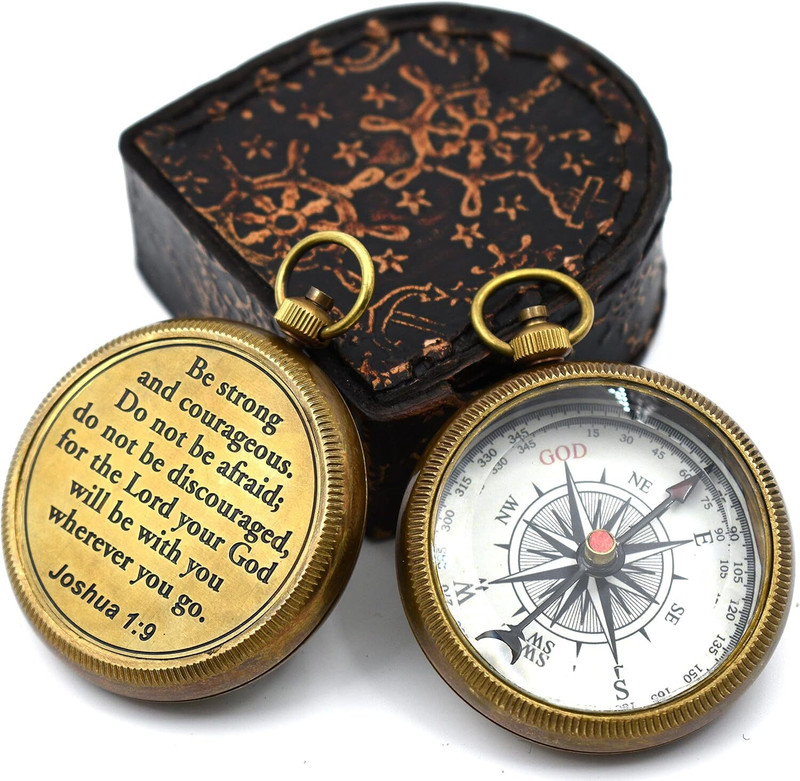 MSSI Vintage Brass Pocket Compass with Quote & Leather Case_01 Compass(Gold, Brown, White)
