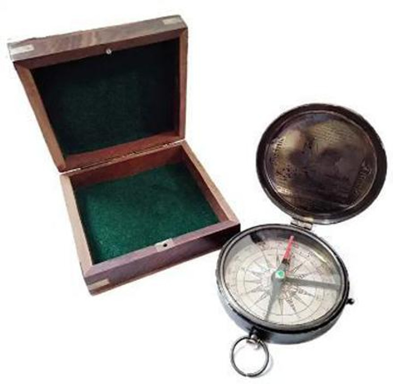 SANGAM STUDIO Antique Brass Titanic Flat Lid Compass with Wooden Anchor Box Compass(Brown)