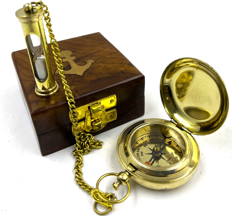 Ascent India Brass pocket compass chain sand timer keychain nautical wood box gift Compass(Gold)