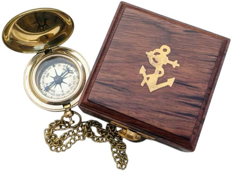 AUNTIQUEINDIA Brass campass with wooden box Compass(Brown, Gold)