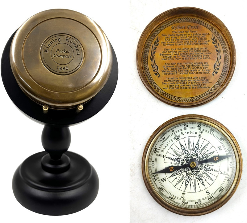 Ascent India Brass poem compass lid compass with wooden Display stand nautical Compass(Brown)