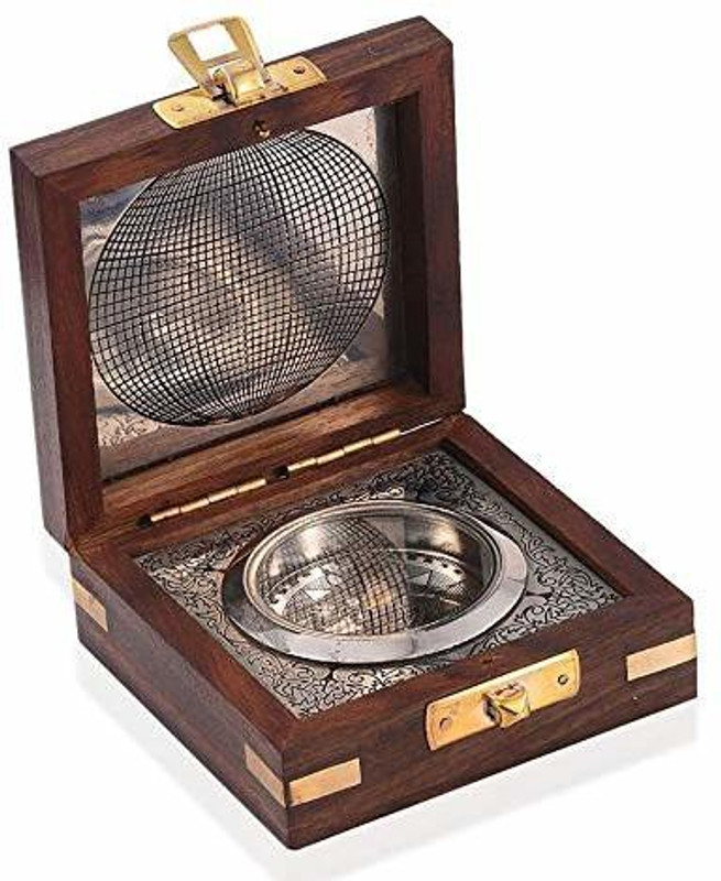 assam ntique Silver Finish Brass Pocket Compass in Wooden Box Maritime Decor Compass(Gold)