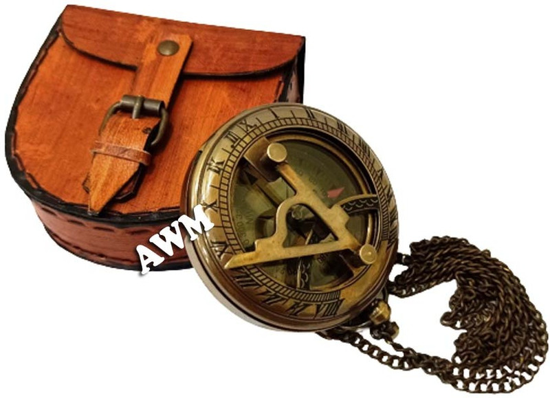 AKKI Sundial Compass Sundial Antique Brass Compass 3"with leather case Compass(Brown)