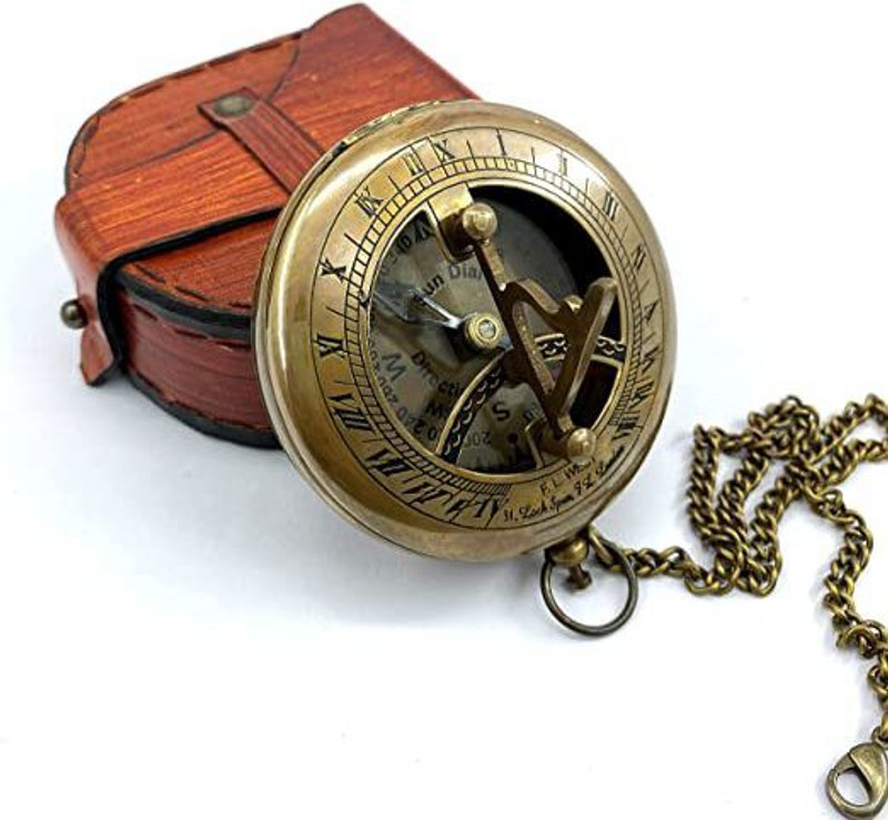 SUA Brass Sundial Compass with Leather Case and Chain - Push Open Compass Compass(Brown)