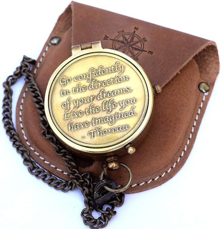 Sanahill Brass Compass Engraved with Thoreau's Go Confidently Quote Stamped Leather Case Compass(Gold)