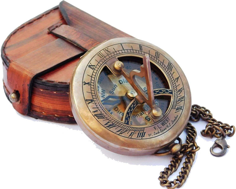 AKKI Antique Brass Sundial Compass with Leather Case and Chain Nautical Sundial Compass(Brown, Gold)