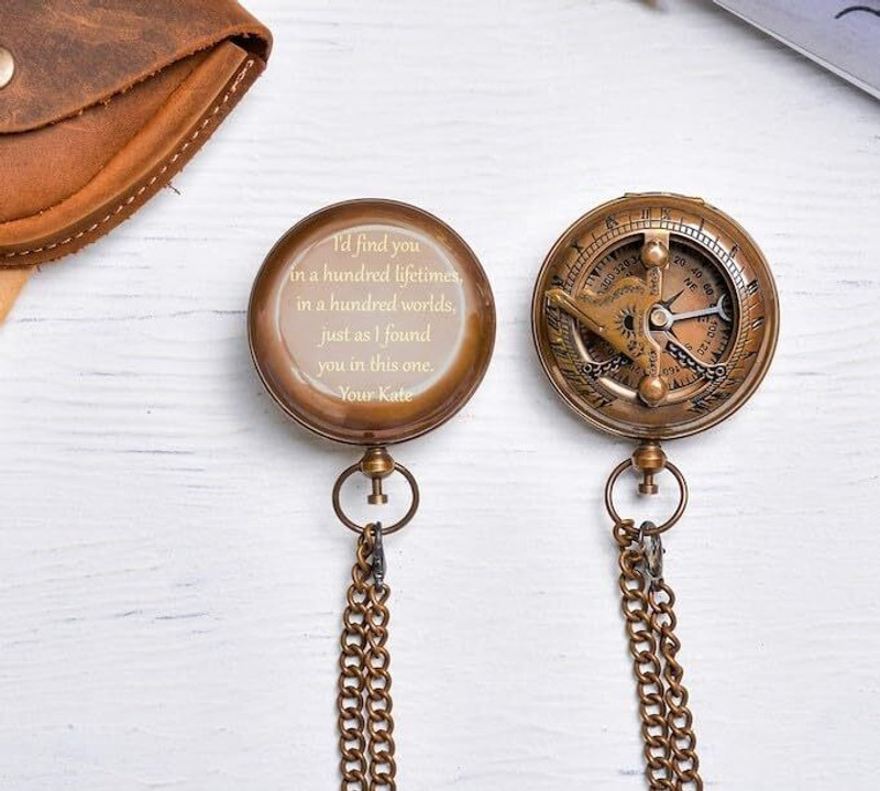 Ascent India Personalized Pocket Compass Sundial Brass Nautical with Leather Cover Compass(Brown)