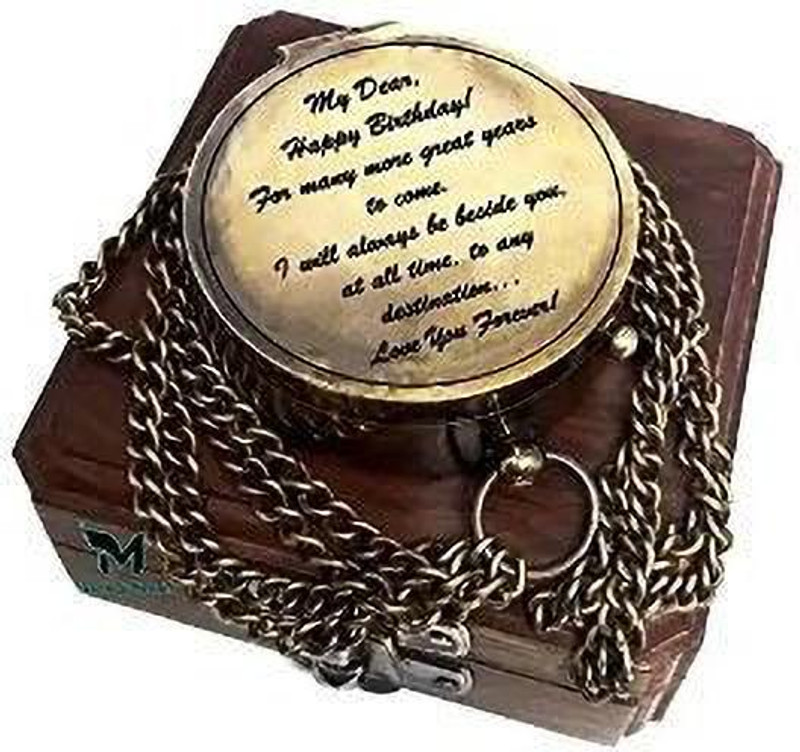 SANGAM STUDIO Antique Brass Compass 3" Engraved Compass with Wooden Box Compass(Brown)