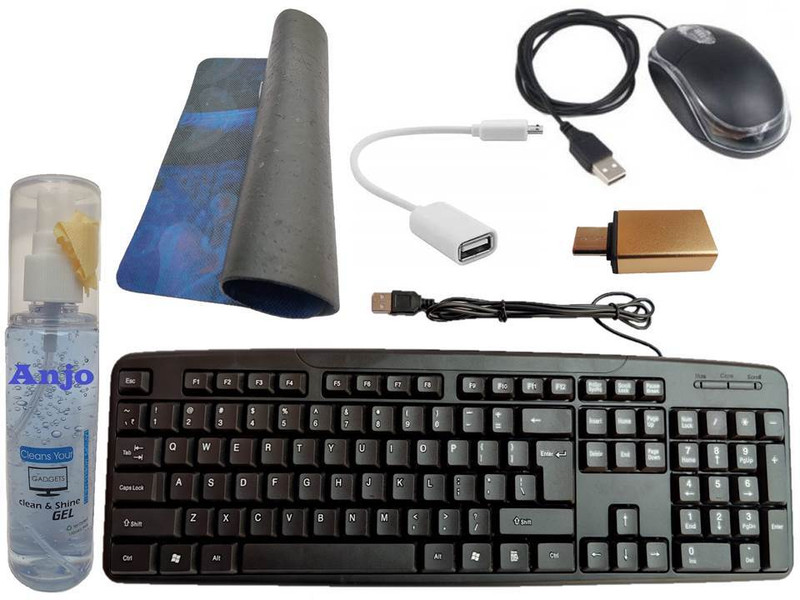 ANJO 9 in 1 Combo Keyboard-Mouse-Pad-USB Hub-Cleaner-LED-Extension Cable-OTG Combo Set Designed for Gaming(White, Black)