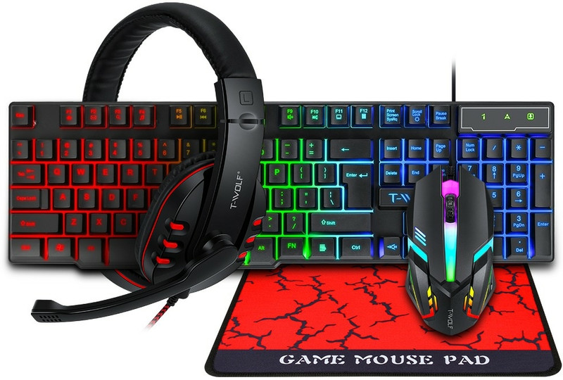 SANNO WORLD Twolf TF800 RGB 4-pcs Gaming Keyboard/Mouse/Headphone/Mouse Pad Kit wired Set Combo Set Designed for Gaming(Black)