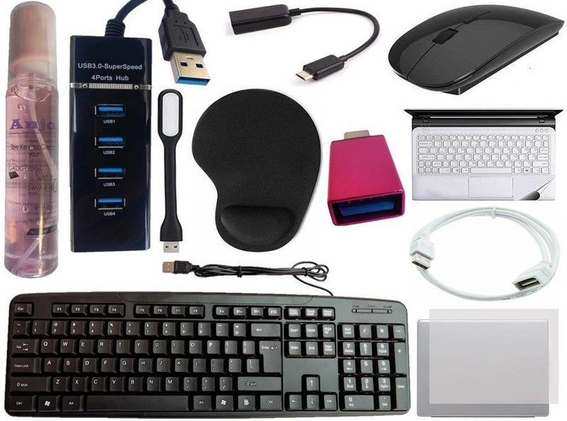 ANJO Keyboard-LED Mouse-Wrist Support Pad-3.0Hub-Cleaner-OTG C&Micro-Ext-LED-Skin Combo Set Designed for Gaming(Black)