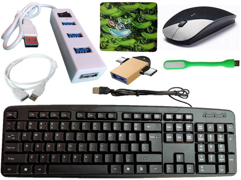 ANJO Keyboard-Wireless Mouse-Pad-2.0 Hub-3in1Cleaner-OTG Micro&C-Ext 1.5m-LED-Skin Combo Set Designed for Gaming(Multicolor)