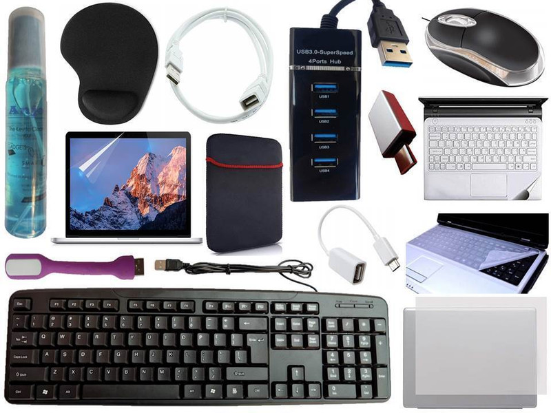 ANJO KeyboardWirelesMouse-Pad-3Hub-Clnr-OTG2n1-Ext-LED-Skin-14.6iScrn&KeyGuard&Sleeve Combo Set Designed for Gaming(Black)