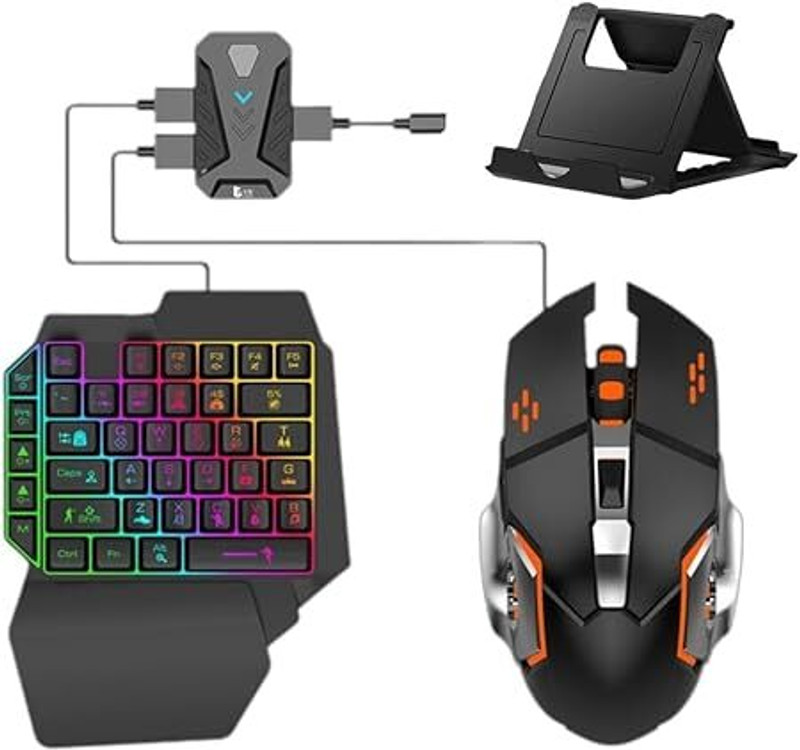 DXP One Handed Gaming Keyboard and Mouse, 4 in 1 Mobile Game Combo Pack Combo Set Designed for Gaming(Black)
