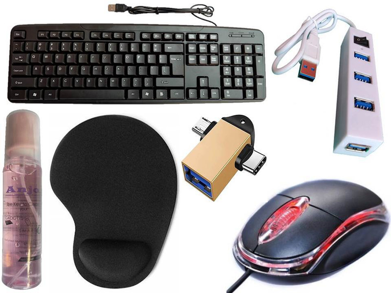 ANJO Keyboard-LED Mouse-Wrist Support Pad-3.0Hub-Cleaner-OTG C&Micro-Ext-LED-Skin Combo Set Designed for Gaming(Black)