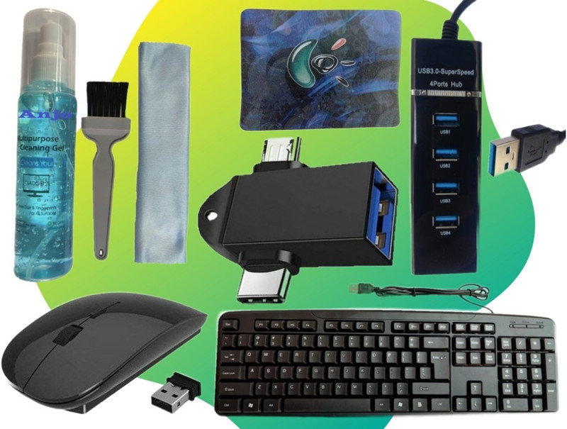 ANJO USB Keyboard-LED Mouse-Non Slip Mouse Pad-2.0 Hub-3in1 Cleaning Kit-OTG M&C 2in1 Combo Set Designed for Gaming(Black)