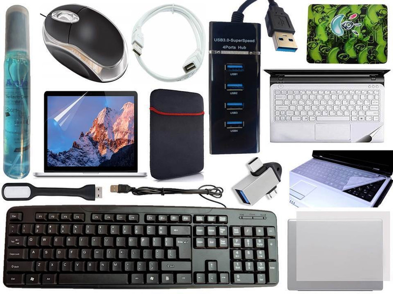 ANJO KeyboardLEDMouse-3Hub-Pad-3n1Clnr-OTG2in1-LED-Ext-Skin-15.6iScrn&KeyGuard&Sleeve Combo Set Designed for Gaming(Black)
