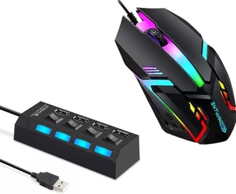 ENTWINO 4-Port USB Hub and USB Wired D1 Gaming Mouse Combo Set Designed for Gaming(Black)