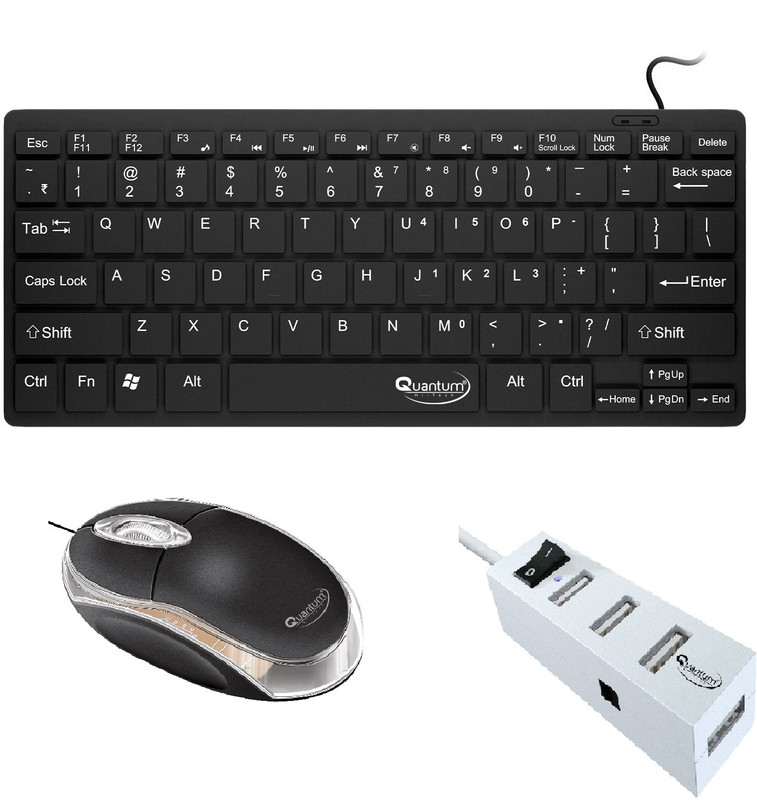 QUANTUM QHM 7307 Wired Mini Keyboard + QHM 222 Wired Optical Mouse + 6660 USB HUB Combo Set(Multicolor)