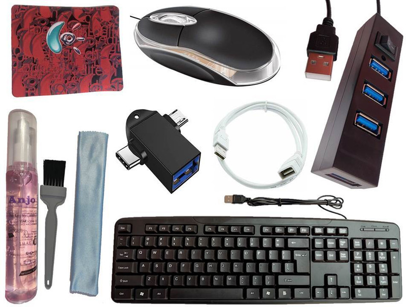 ANJO USB Keyboard-Wireless Mouse-Pad-3.0USB Hub-3in1 Cleaning Kit-OTG M & C Type 2in1 Combo Set Designed for Gaming(Black)
