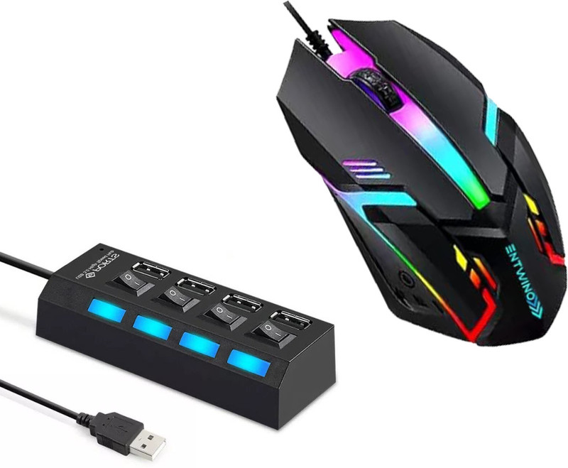 ENTWINO 150HB 4-Port USB Hub and The USB Wired Gaming Mouse D1. Combo Set Designed for Gaming(Black)
