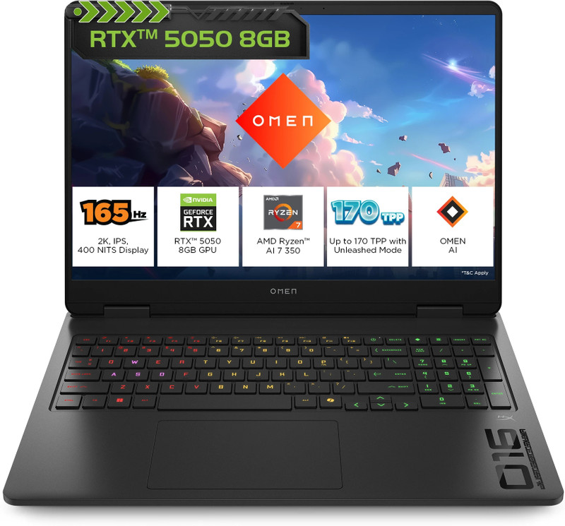 HP OMEN AI AMD Ryzen AI 7 Octa Core 350 - (24 GB/1 TB SSD/Windows 11 Home/8 GB Graphics/NVIDIA GeForce RTX 5050) 16-ap0165AX Gaming Laptop(16 Inch, Shadow black, 2.44 Kg, With MS Office) - 17% off at DetectaDeal