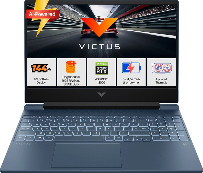 HP Victus AI 31 TOPS AMD Ryzen 5 Hexa Core 8645HS - (16 GB/512 GB SSD/Windows 11 Home/4 GB Graphics/NVIDIA GeForce RTX 2050/144 Hz) 15-fb3003AX Gaming Laptop(15.6 Inch, Blue, 2.29 Kg, With MS Office) - 22% off at DetectaDeal