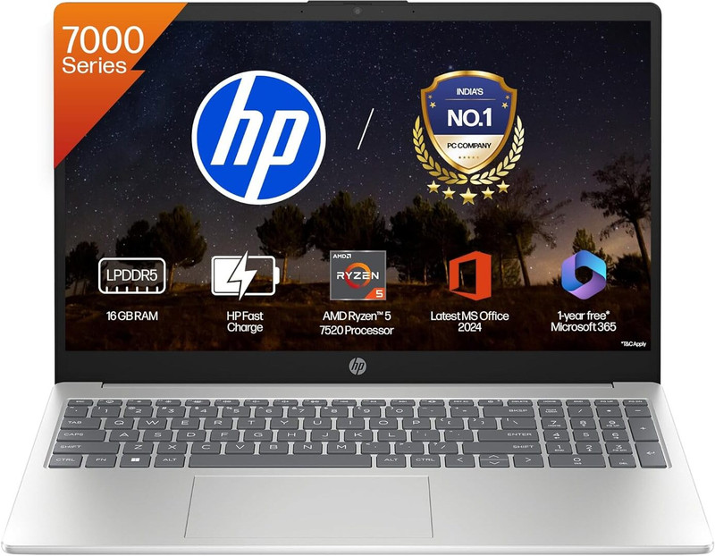 HP 15s Ryzen 5 7520U Laptop: 16GB RAM, 512GB SSD, Win 11, MS Office