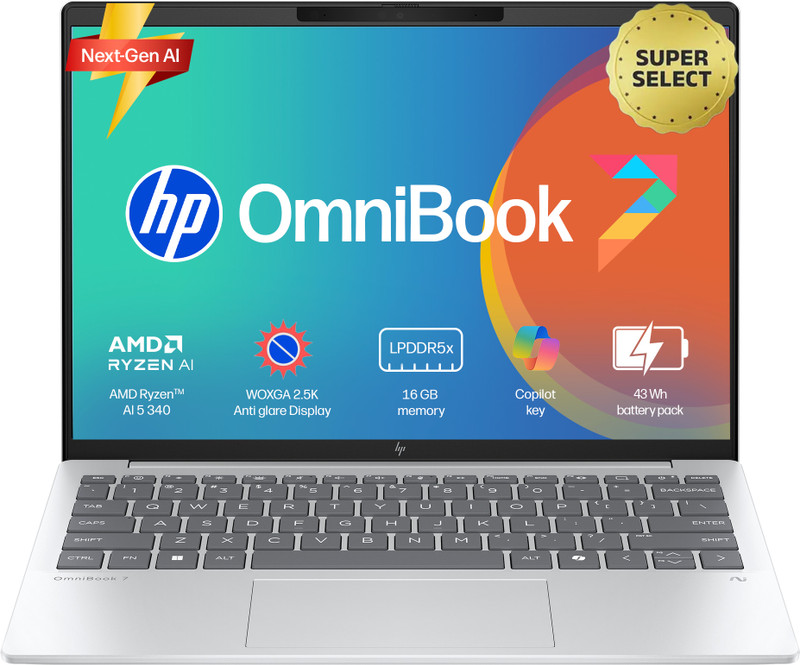 HP OmniBook 7 Aero (Previously Pavilion) AMD Ryzen AI 5 Hexa Core AI 5 340 - (16 GB/512 GB SSD/Windows 11 Home) 13-bg1678AU Thin and Light Laptop(13.3 Inch, Glacier Silver, 1.0 Kg, With MS Office)