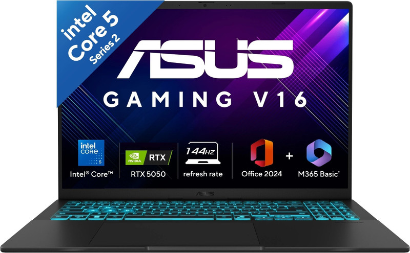 ASUS Gaming V16 (2025) for Creator with Office 2024 + M365 Basic*, AI PC(i5 14th gen) Intel Core 5 210H - (16 GB/512 GB SSD/Windows 11 Home/8 GB Graphics/NVIDIA GeForce RTX 5050/144 Hz) V3607VH-RP037WS Gaming Laptop(16 Inch, Matte Black, 1.95 Kg, With MS Office)