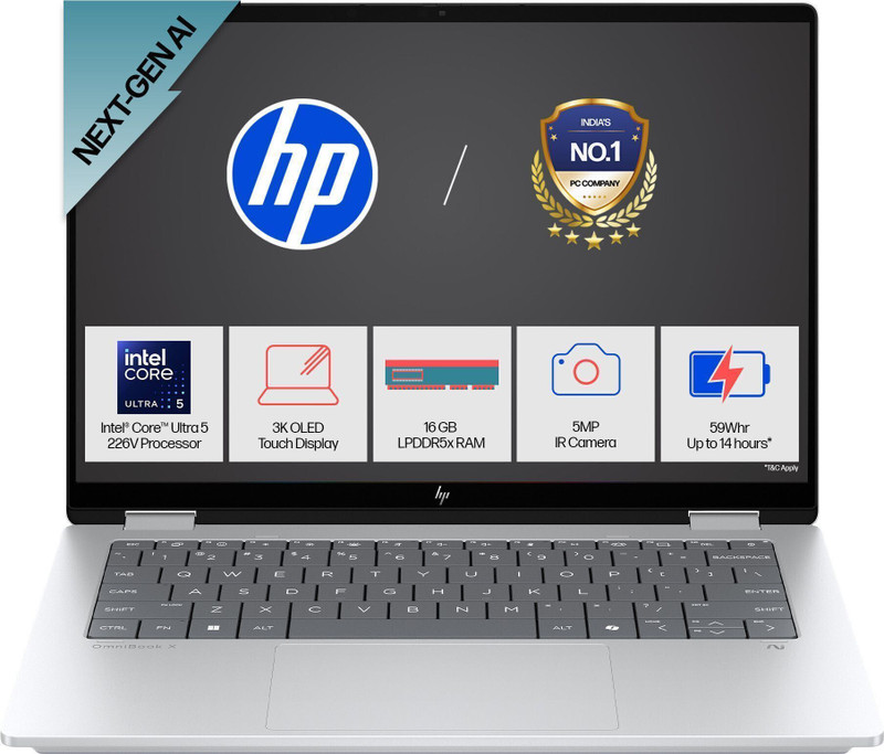 HP OmniBook X Flip (Previously Envy) Intel Core Ultra 5 226V - (16 GB/512 GB SSD/Windows 11 Home/8 GB Graphics) 14-fm0058TU 2 in 1 Laptop(14 Inch, Meteor Silver, 1.38 Kg, With MS Office)