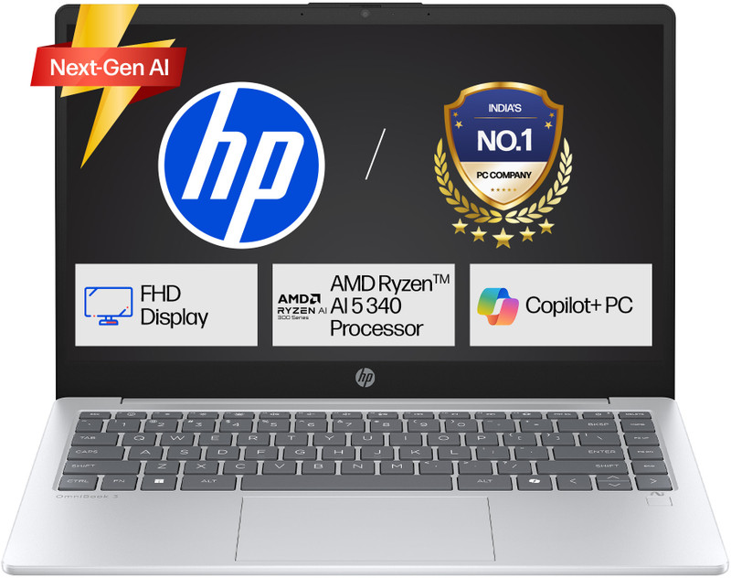 HP Omnibook 3 AMD Ryzen AI 5 Hexa Core 340 - (16 GB/512 GB SSD/Windows 11 Home) 15-fn0007AU Thin and Light Laptop(15.6 Inch, Glacier Silver, 1.7 kg, With MS Office)