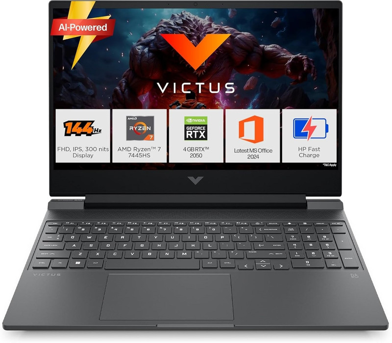 HP Victus AMD Ryzen 7 Hexa Core 7445H - (16 GB/512 GB SSD/Windows 11 Home/4 GB Graphics/NVIDIA GeForce RTX GeForce RTX/144 Hz) Victus Gaming Laptop 15-fb3123AX Gaming Laptop(15.6 Inch, Mica Silver, 2.29 kg, With MS Office)