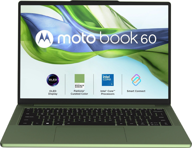 MOTOROLA Motobook 60 Full Metal OLED (i5 14th Gen) Intel Core 5 (Series 2) 210H - (16 GB/512 GB SSD/Windows 11 Home) 14IRH10R Thin and Light Laptop(14 Inch, PANTONE Bronze Green, 1.4 Kg, With MS Office) - 43% off at DetectaDeal