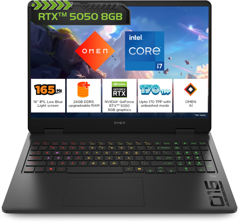 HP OMEN Intel Core i7 14th Gen 14650HX - (24 GB/1 TB SSD/Windows 11 Home/8 GB Graphics/NVIDIA GeForce RTX 5050) 16-am0241TX Gaming Laptop(16 Inch, Shadow Black, 2.43 Kg, With MS Office)